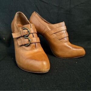 Max Studio brown leather platform ankle heel booties double buckle womens 7